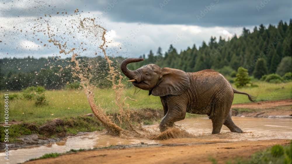 Fototapeta premium Playful elephant splashes joyfully through muddy water, creating a dynamic scene of wildlife in its natural habitat