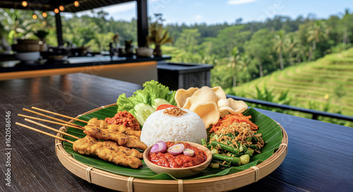 Traditional Indonesian Balinese Nasi Campur with steamed rice, chicken, satay lilit, sambal matah, and vegetables served on banana leaf in bamboo tray with beautiful landscape view as background. 