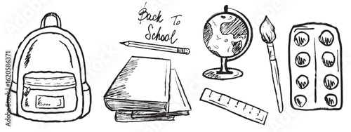 Back to school set of illustrations with backpack, books, globe, watercolor paints in black brush stroke texture isolated on white. Hand drawn vector sketch illustration in vintage charcoal ink