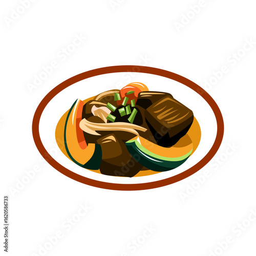 Stylized illustration of a delicious meat dish with vegetables on a plate