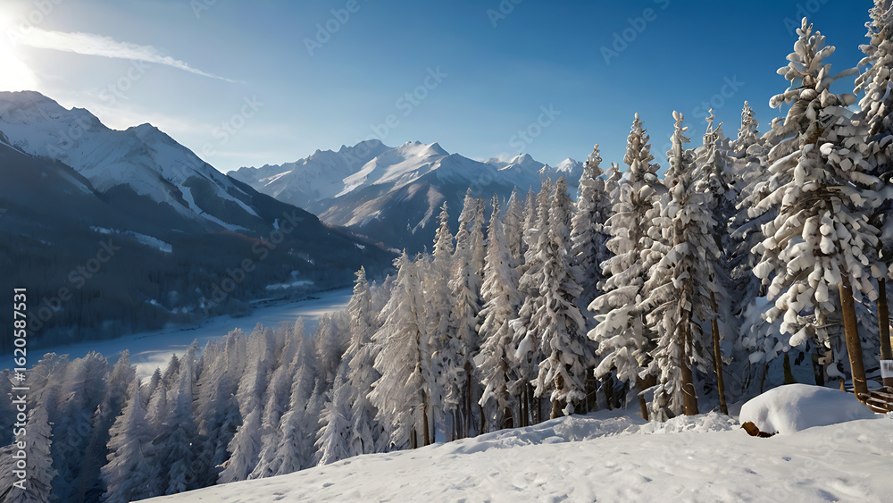 Fototapeta premium Snowy Mountains, Frost-Covered Trees, and a Peaceful Sunrise in a Scenic Alpine Escape Perfect for Nature Lovers, Outdoor Adventures, Holiday Travel, and Serene Landscape Photography, 8K image 