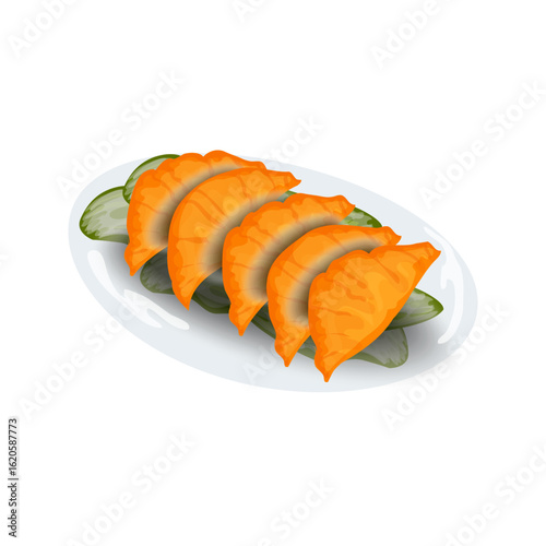 Delicious pan fried gyoza dumplings served on a white plate with sliced cucumbers