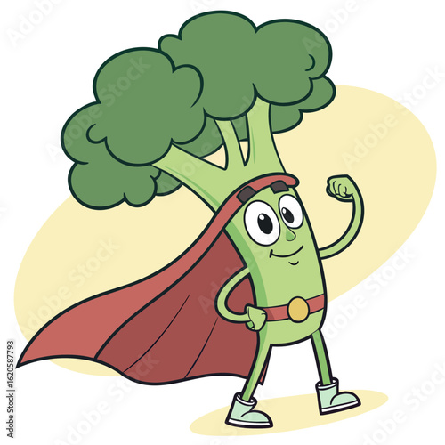 Superhero broccoli character flexing muscles with a cape and belt, isolated on white background
