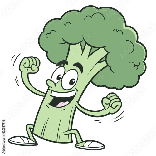 Happy cartoon broccoli character dancing and celebrating isolated on white background