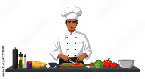 Chef in White Uniform Chopping Vegetables on Counter.