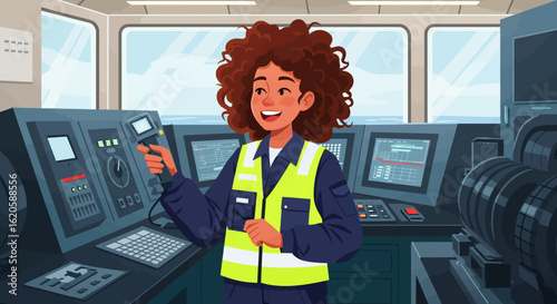 Smiling Female Ship Captain Operating Control Panel.