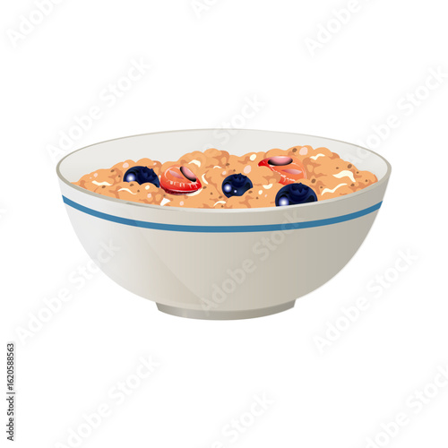 Bowl of oatmeal with blueberries and sliced strawberries