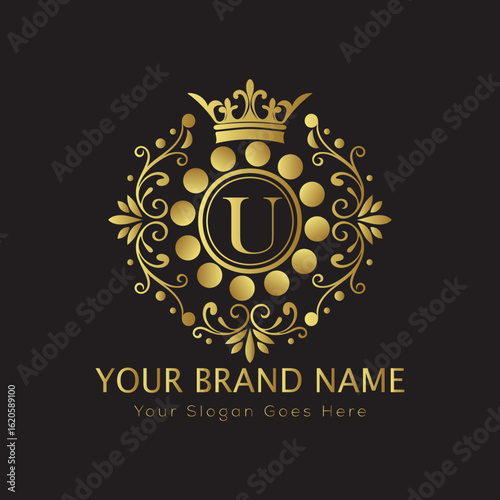 Letter Luxury brand logo design with a royal gold crown emblem and elegant typography	