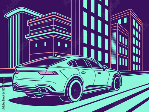 Electric supercar zooming through night city, headlights on full beam, neon motion lights, vector-style illustration.