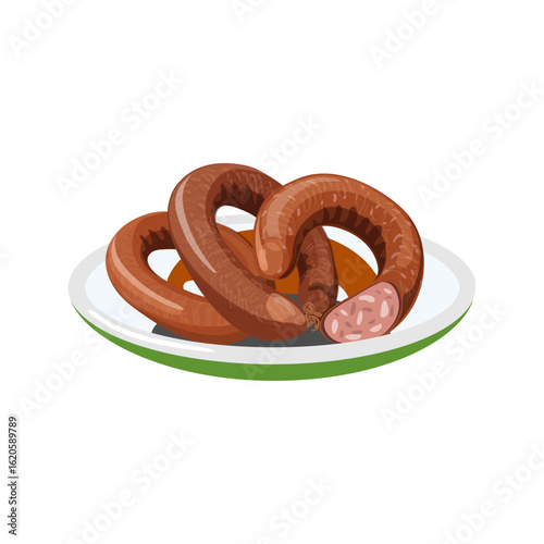 Hearty ring sausage on a white plate with a green rim and a slice showing the inside