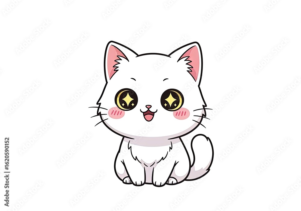 Obraz premium A cute cartoon white cat sits with big sparkling eyes and a happy expression