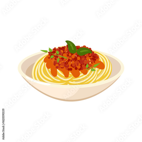 Delicious spaghetti bolognese with fresh basil garnish in a white bowl