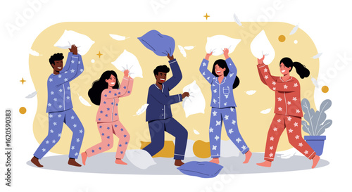 Group of Friends Enjoying a Pillow Fight.