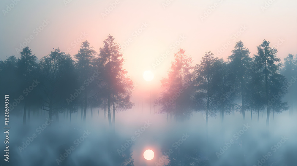 Fototapeta premium Soft Sunset Behind Foggy Tree Line white isolated background : Batch, in high resolution clean minimal style stock photo illustration background image ideal for templates advertisements and web banner