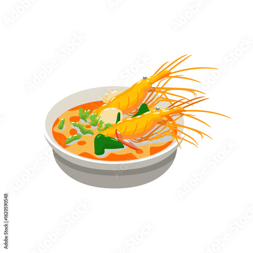 Delicious tom yum goong soup with large prawns and fresh herbs in a bowl isolated on white background