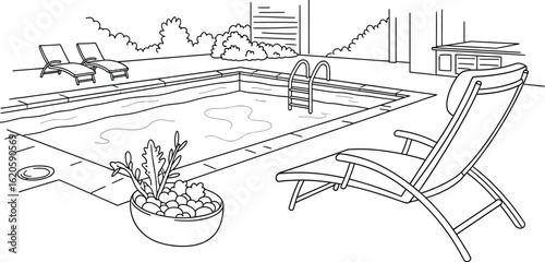 Swimming pool with lounge chairs and plants