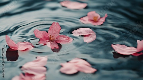 Floating sakura petals resting on a tranquil pool