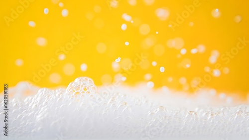 Vibrant white foam and bubbles against a bright yellow background with bokeh lights