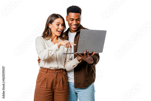 happy couple with laptop isolated on white