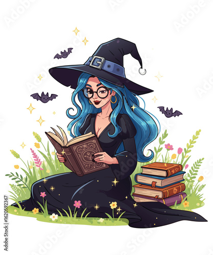 Enchanting Witch Reading a Book in a Magical Meadow