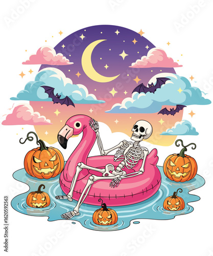 Skeleton on a flamingo floatie at Halloween night