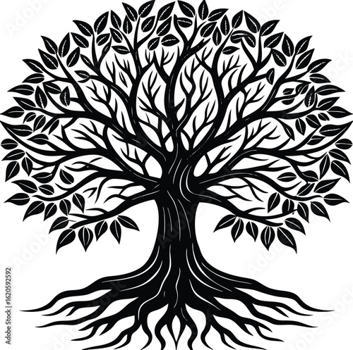 A striking black vector tree silhouette with roots, featuring delicate leaf and bird elements, perfect for nature-inspired design or a unique tattoo