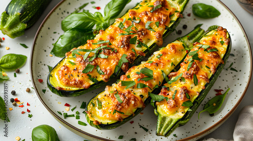 Stuffed Zucchini Boats with Melted Cheese and Fresh Herbs white isolated background : Batch, in high resolution clean minimal style stock photo illustration background image ideal for templates advert