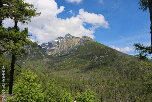 View of Lomnica Peak. Walking trail Hrebienok, Stary Smokovec, High Tatras mountains. Slovakia