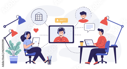 People Engaging in Video Conference Call Illustration.