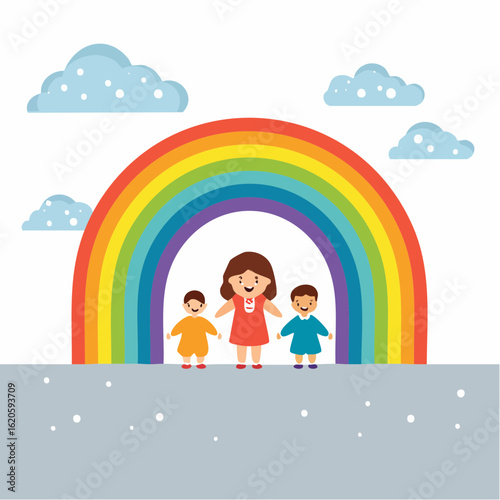 Kinderschutz-Logo mit Kindern unterschiedlicher Ethnien unter Regenbogen – einfache Vektorillustration