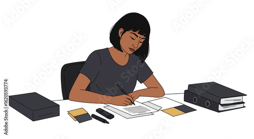 Woman Writing at Desk with Documents and Supplies.