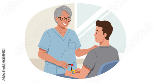 Nurse comforting patient during medical procedure illustration.
