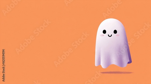 Adorable smiling ghost floating over a solid orange background in minimalist cute illustration style perfect for playful seasonal designs
