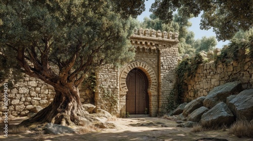 A realistic photo of an ancient stone gate, surrounded by olive trees and boulders, with a large wooden door and a olive tree growing on the left side next to it, in the fantasy art style.