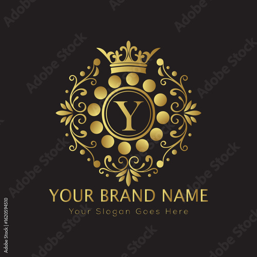 Letter Luxury brand logo design with a royal gold crown emblem and elegant typography	
