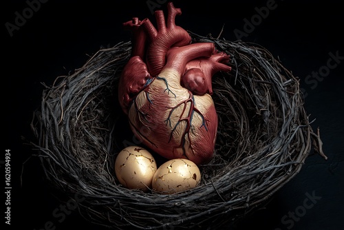 Anatomical Heart and Golden Eggs Nestled in a Dark Birds Nest on Black