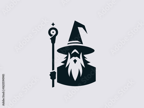 mystical wizard with pointed hat vector logo for magic shops or fantasy books