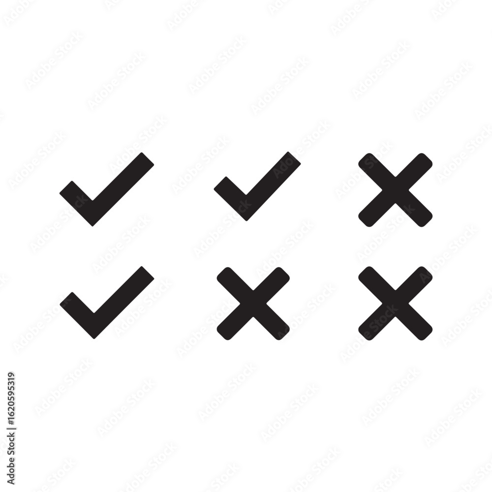 Obraz premium Modern black checkmarks and black crosses convey clear choices for surveys or forms, providing instant feedback and visual clarity for users