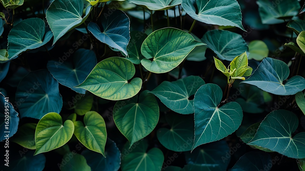 Fototapeta premium Close up shot of a lush green foliage with heart shaped leaves and a new sprout growing upwards in nature