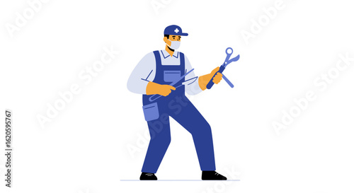 Mechanic Holding Tools Wearing Mask and Overalls.
