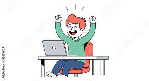 Excited person celebrating success while working on a laptop computer at a desk illustration