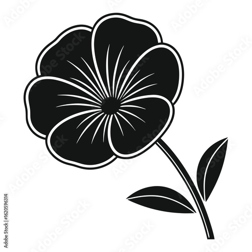 Black silhouette of a poppy flower with leaves on a white background icon