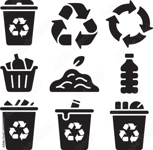 Recycling & Waste Management Silhouette Icons – Recycling Bin, Compost, Trash Separation, Plastic Bottle, Glass Jar, Paper Waste, and Circular Arrows