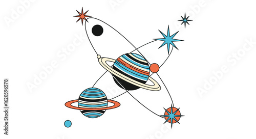 Whimsical celestial orrery with colorful planets stars and orbital paths creating a cosmic dance