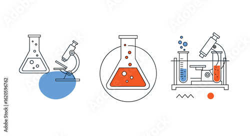 Illustrating scientific discovery and laboratory experiments with chemical flasks and microscopes
