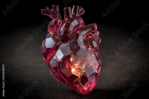 Faceted Glass Heart Artistically Rendered in a Deep Red and Pink Hue