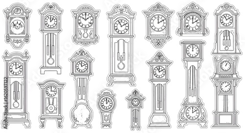 A set of antique clocks in a black and white sketch style. This collection includes illustrations of grandfather clocks, pendulum clocks, and classic alarm clocks.