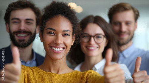 Cheerful Team Thumbs Up: A group of colleagues, brimming with optimism and team spirit, flash enthusiastic thumbs up, a testament to their strong work ethic and shared commitment.
