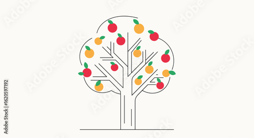 Stylized illustration of a fruit tree laden with red and yellow apples under a dashed outline canopy against a simple background