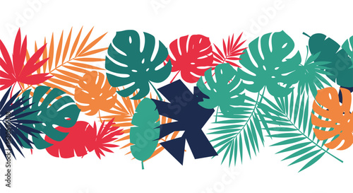 Vibrant tropical leaves pattern design with various shapes and colors evoking a warm summer atmosphere